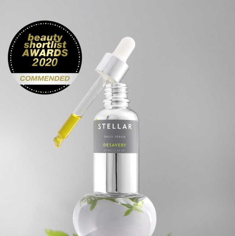 Desavery Daily Serum 30 ml glass bottle with pipette and award medallion. Beauty shortlist award for best facial oil.